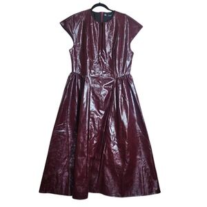 Anewsta Burgundy Faux Leather Midi Dress XL Fit Flare Glossy Cap Sleeve Dress